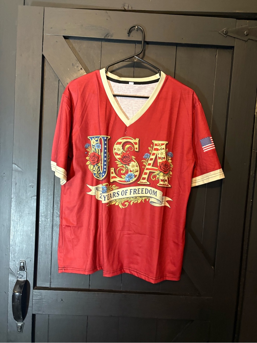 Red V-Neck USA Graphic Tee with Cream Trim